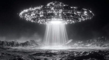 A traditional unidentified flying object is suspended above the moon, emitting a radiant beam of light onto its cratered surface