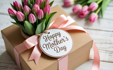 Happy Mother's Day tag attached to gift box with tulips on white wooden background