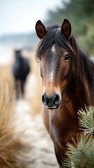Obraz premium Close-up of a curious horse with a blurred background of another horse in a coastal landscape during twilight hours