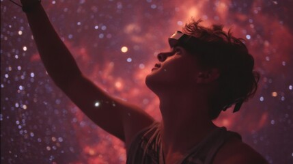 With a headset, a young male embarks on a thrilling virtual reality journey through a cosmic space environment