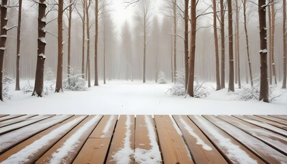 A tranquil winter forest covered in snow with a wooden deck in the foreground and fog.