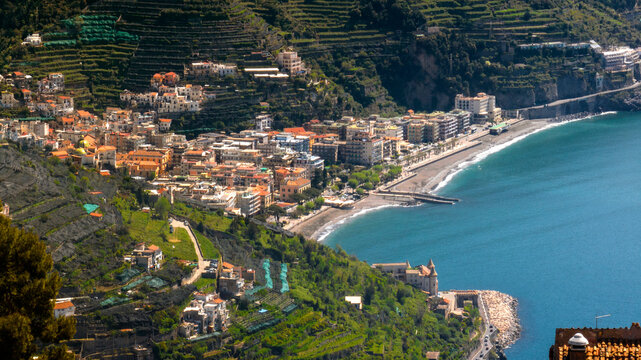 Aerial view of Maiori beach, located in Amalfi Coast, in the province of Salerno, Campania, Italy. 