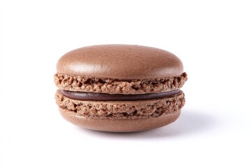 Single chocolate macaron with chocolate ganache filling, isolated on white background.