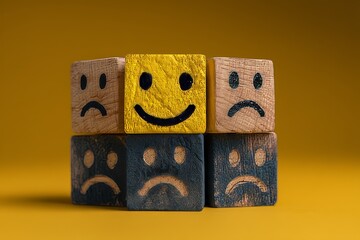 Mental health, positive thinking, and growth mindset concept is illustrated by hands selecting a happy smile face