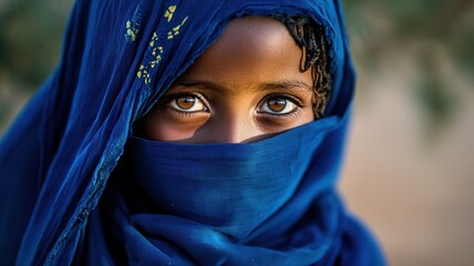 Naklejka premium Young Tuareg girl in a flowing indigo veil walking gracefully through golden Saharan dunes at dusk, soft light casting long shadows across the sand. 