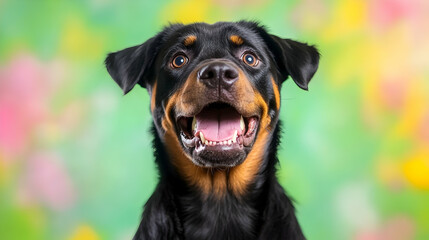 Fototapeta premium Happy Rottweiler portrait against a colorful background