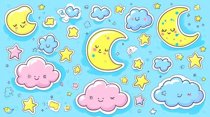 Cute cartoon sky with clouds, moons, and stars