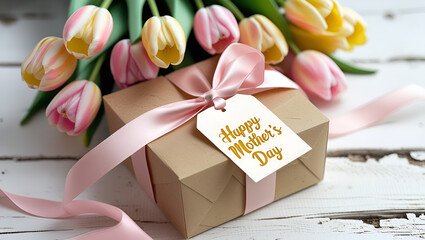 Happy Mother's Day tag attached to craft paper gift box with tulips on white wooden background