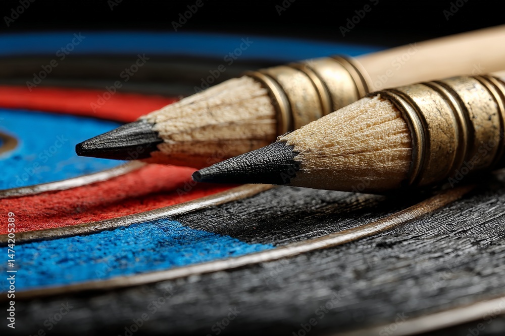 Poster Close-up view of sharpened pencils resting on a colorful target with blue, red, and black segments