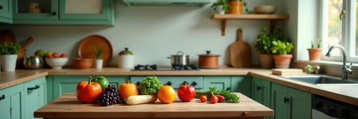 Stylish vintage kitchen scene, small table with fresh produce & kitchen tools, mockup frame , overhead, top view