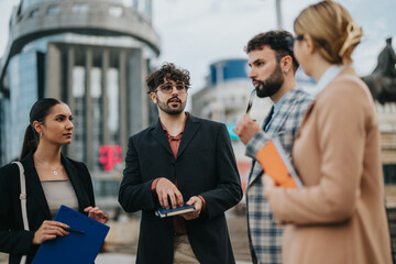 A group of business people engaged in a serious discussion outside a modern urban building. They...