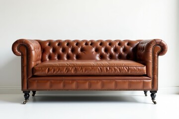 Elegant tufted leather bench, pristine white backdrop, seating, product, image