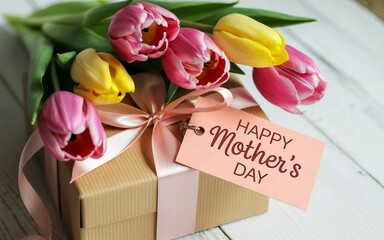 Happy Mother's Day tag attached to craft paper gift box with tulips on white wooden background