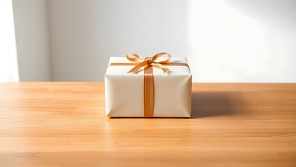 Beautiful wrapped white gift box with shiny gold ribbon on rustic wooden table, holiday seasons, special celebration, birthday, anniversary & occasions