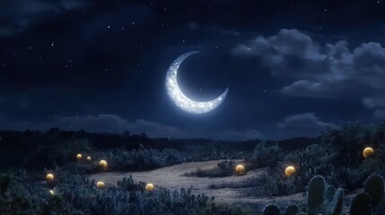 Naklejka premium Crescent moon over desert night (1)