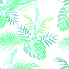 Obraz premium Green tropical palm leaves seamless vector pattern on the black background. Trendy summer print. 