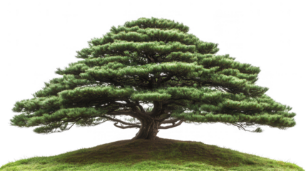 Majestic pine tree on a grassy hill, PNG transparent background