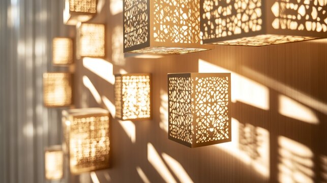 Decorative light boxes cast intricate shadows on a wall