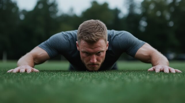 Intense workout session focusing on push-ups on a grassy field in the afternoon sunlight