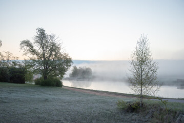 A foggy sunrise over a tranquil riverbank with frosty grass, two trees in the foreground, and soft reflections on the water under a pale sky