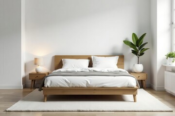 Sleek wooden bed, blank white wall, Scandinavian bedroom Modern minimalist interior , bright, calm, relax