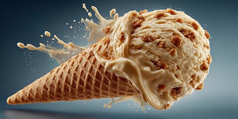 Delicious ice cream cone with caramel and cookie chunks splashing into the air in a creative still life setting