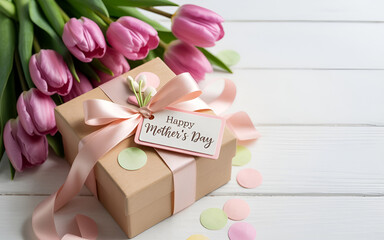 Happy Mother's Day tag attached to craft paper gift box with tulip flowers on white wooden background