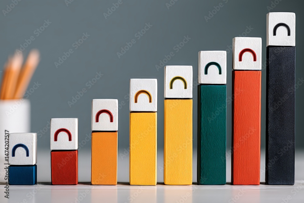 Poster colorful wooden blocks arranged in growing height on a table in a bright workspace