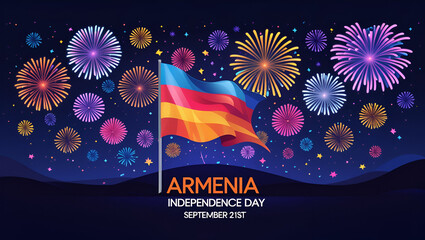 September 21, armenia independence day, vector template with armenian flag and colorful fireworks on blue night sky background. Armenia national holiday 21 september Independence day