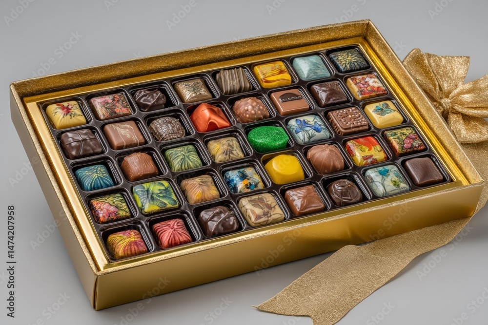 Poster Assorted chocolates in a decorative box displayed with a golden ribbon on a neutral background