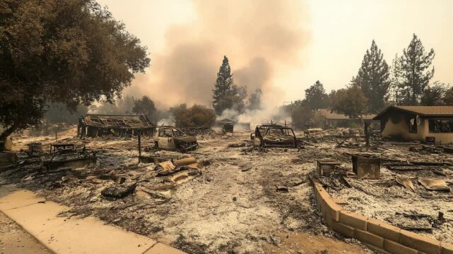 Devastation after a wildfire ripped through a neighborhood leaving homes and cars destroyed