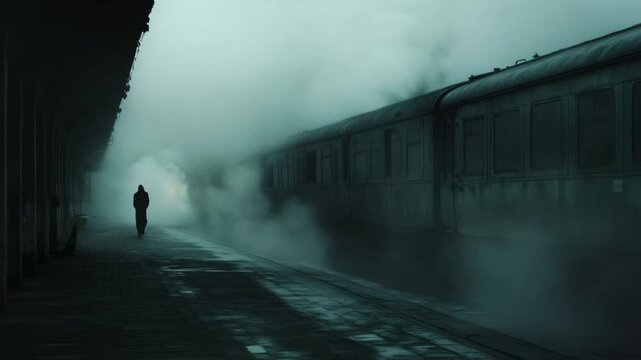 Eerie fog shrouds solitary figure and vintage train at abandoned railway station