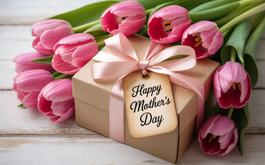 Happy Mother's Day tag attached to craft paper gift box with tulip flowers on white wooden background