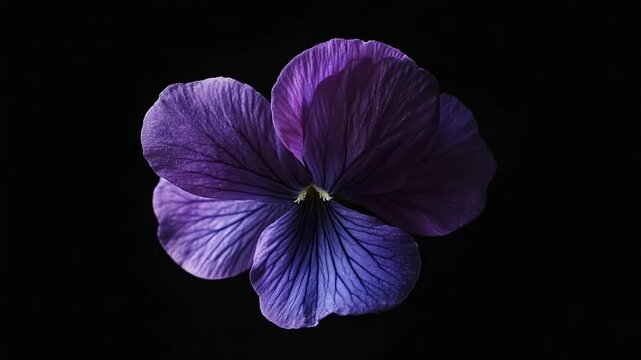 Vibrant violet pansy blossom unfolds against stark background, a contrast that captivates