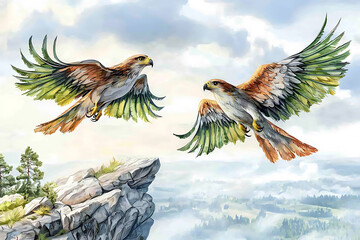 Obraz premium Two birds with vibrant wings soar above a rocky cliff amidst a soft cloudy sky and distant forested hills.