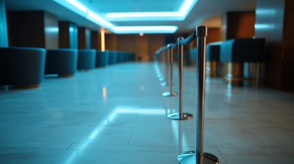 Modern interior of a sleek lobby with ambient lighting and velvet seating during evening hours