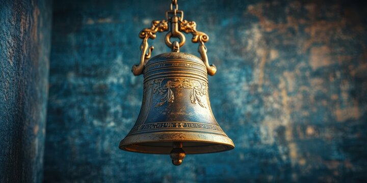 Historical bronze bell displayed against a textured background showcasing intricate designs and craftsmanship