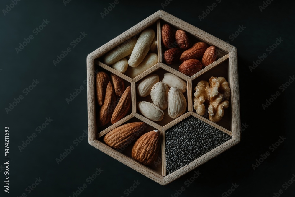 Poster variety of nuts and seeds arranged in a hexagonal wooden tray on a dark background