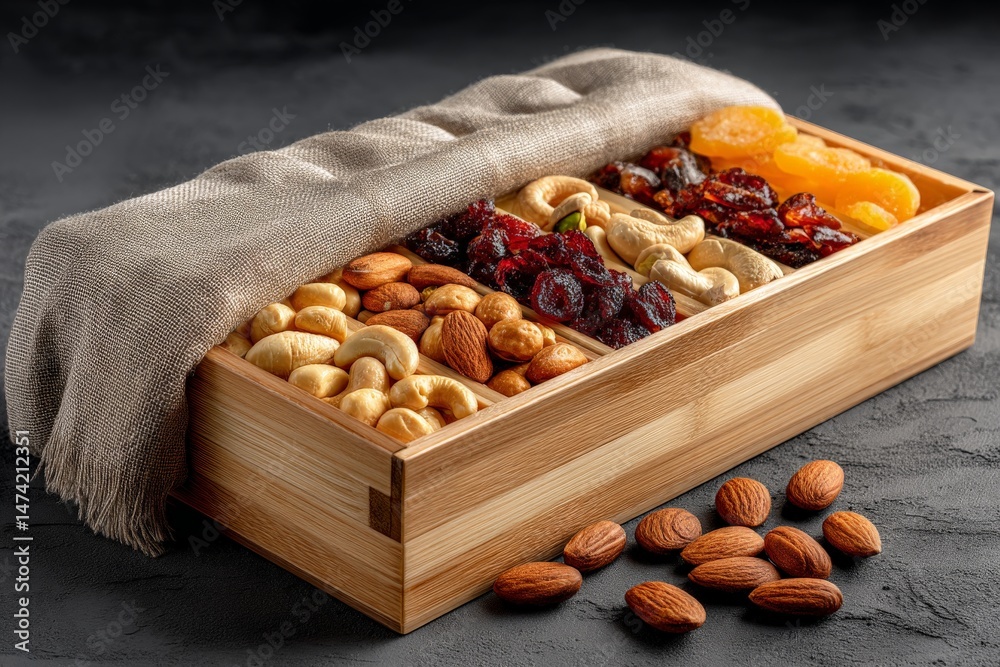 Poster delicious assortment of dried fruits and nuts displayed in a wooden box on a dark background