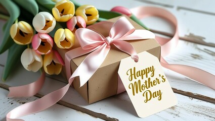 Happy Mother's Day tag attached to gift box with tulips on white wooden background