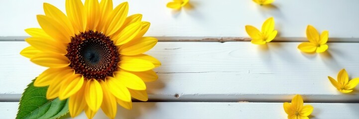 Obraz premium Close-up of vibrant yellow sunflower on rustic white wood , sunflower, macro, background