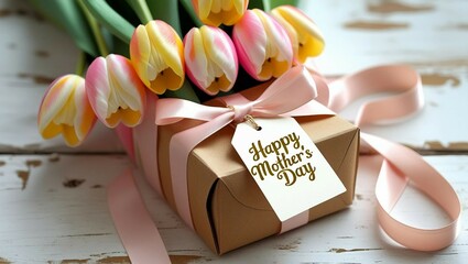 Happy Mother's Day tag attached to gift box with tulips on white wooden background