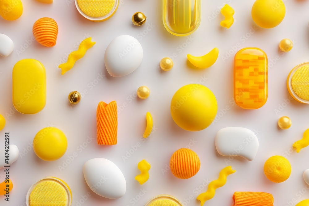 Poster colorful collection of yellow and orange objects arranged creatively on a light surface showcasing v