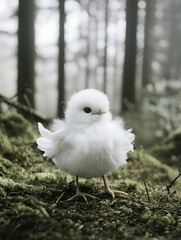 A fluffy white chick stands on mossy ground in a misty forest creating a whimsical and serene scene.