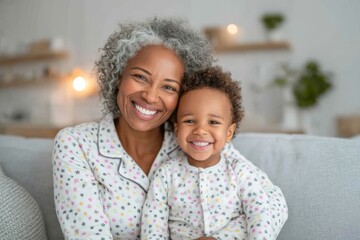 Fototapeta premium A bedroom hug and a family portrait capture the essence of a happy child and their mothers' bond, as they unwind and savor their time together, free from worries and filled with love