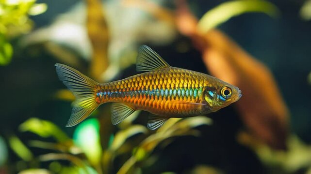 Close-Up View of a Sparkling Emerald Eye Rasbora Fish Swimming Gracefully in an Aquarium