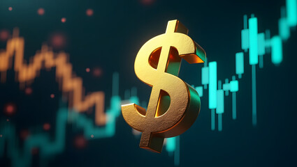 Golden Dollar Symbol with Financial Stock Market Graph Background