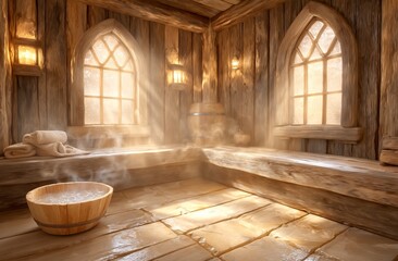 Plakat Onboard luxury cruiseships or cruise ship liners, a Finnish or dry sauna with an oceanview or sea view can be found inside the male locker room of the spa or wellness area