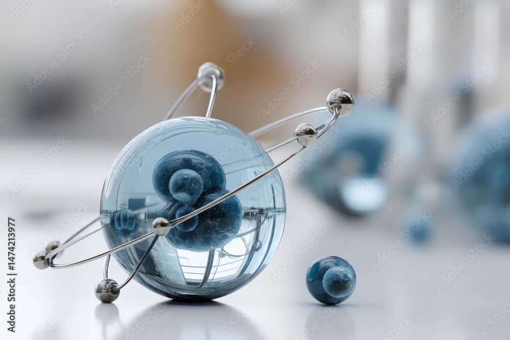 Poster 3d atomic model with blue electrons and silver nucleus displayed on a white surface in a bright labo