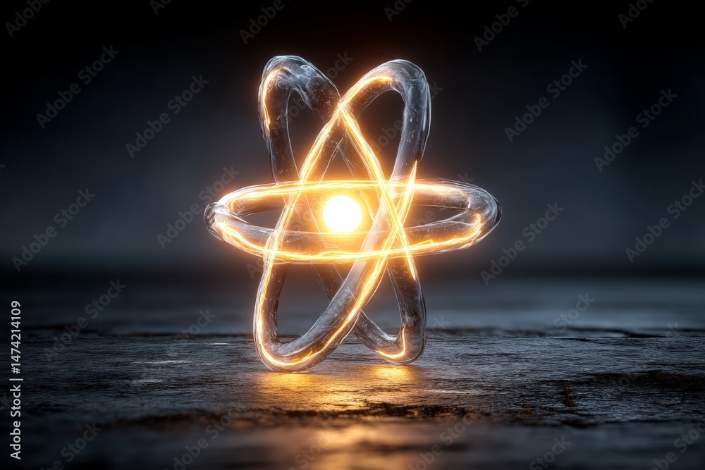 Fototapete Conceptual representation of an atom with glowing nucleus and orbiting electrons in a dark environment